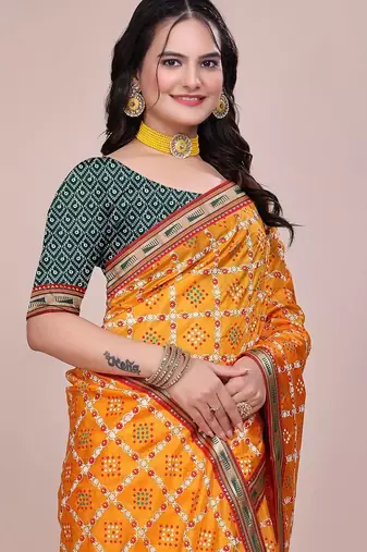 Yellow blended cotton woven zari work saree with blouse