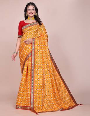 Yellow blended cotton woven zari work saree with blouse 1