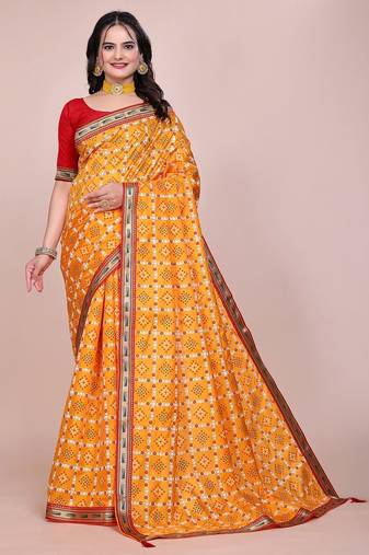 Yellow blended cotton woven zari work saree with blouse