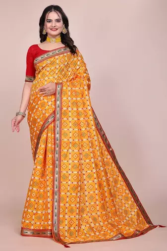 Yellow blended cotton woven zari work saree with blouse