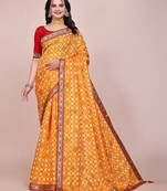 Yellow blended cotton woven zari work saree with blouse
