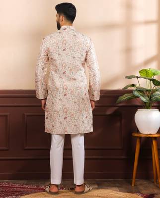 Beige color cotton fabric stylish fancy partywear kurta payjama for men's 2
