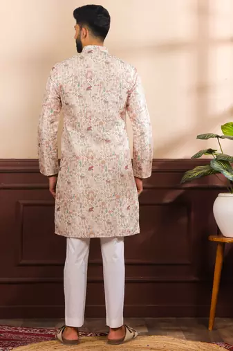 Beige color cotton fabric stylish fancy partywear kurta payjama for men's