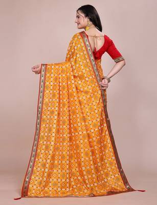 Yellow blended cotton woven zari work saree with blouse 2