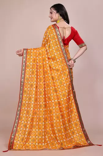 Yellow blended cotton woven zari work saree with blouse