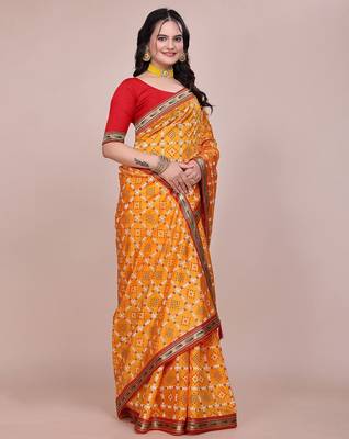 Yellow blended cotton woven zari work saree with blouse 3
