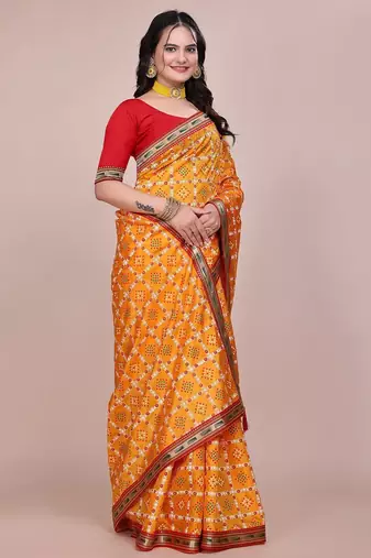 Yellow blended cotton woven zari work saree with blouse