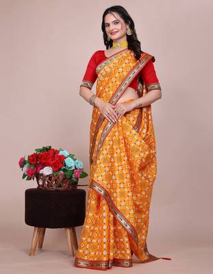 Yellow blended cotton woven zari work saree with blouse 4