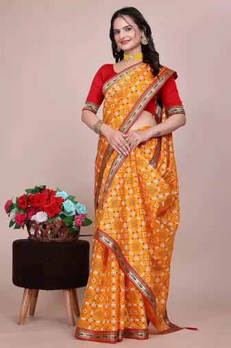 Yellow blended cotton woven zari work saree with blouse