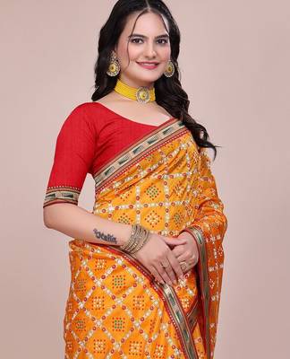 Yellow blended cotton woven zari work saree with blouse 5