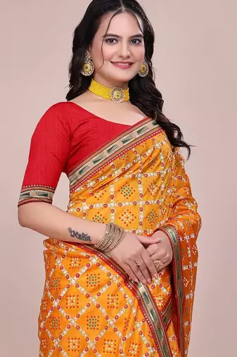 Yellow blended cotton woven zari work saree with blouse