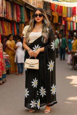 Black blended cotton printed zari work saree with blouse 1