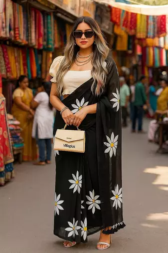 Black blended cotton printed zari work saree with blouse
