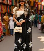 Black blended cotton printed zari work saree with blouse
