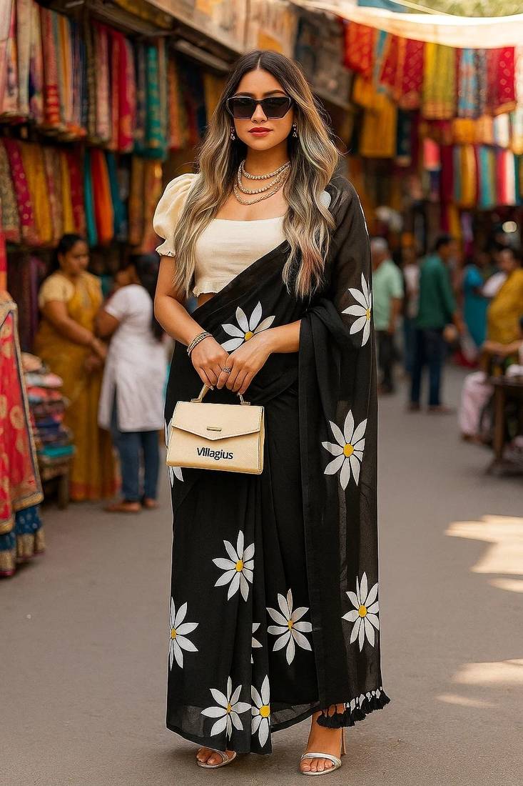 Black blended cotton printed zari work saree with blouse
