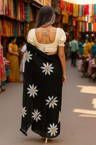 Black blended cotton printed zari work saree with blouse