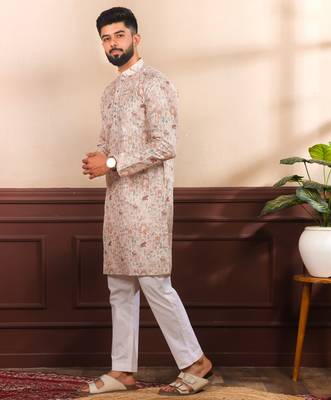Beige color cotton fabric stylish fancy partywear kurta payjama for men's 3