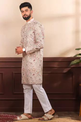 Beige color cotton fabric stylish fancy partywear kurta payjama for men's