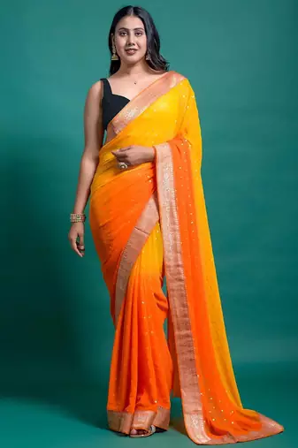 Yellow orange georgette printed zari work saree with blouse