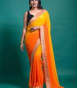 Yellow orange georgette printed zari work saree with blouse