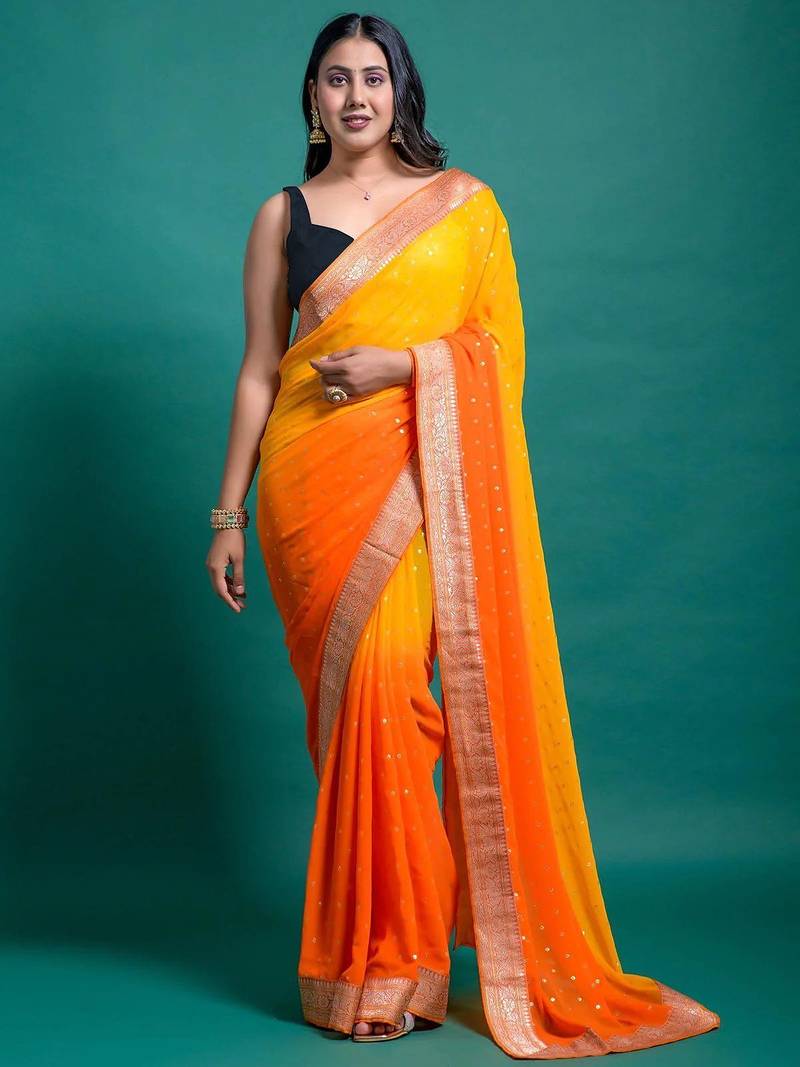 Yellow orange georgette printed zari work saree with blouse