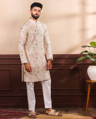 Beige color cotton fabric stylish fancy partywear kurta payjama for men's 4