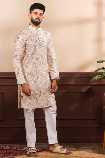 Beige color cotton fabric stylish fancy partywear kurta payjama for men's