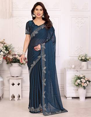 Blue pure silk woven zari work saree with blouse 1