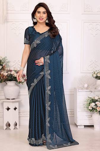 Blue pure silk woven zari work saree with blouse