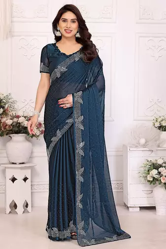 Blue pure silk woven zari work saree with blouse