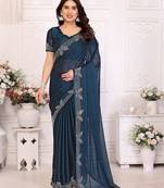 Blue pure silk woven zari work saree with blouse