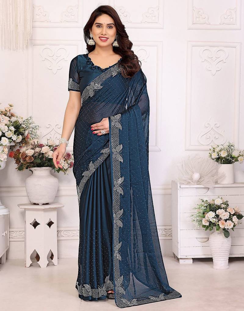 Blue pure silk woven zari work saree with blouse