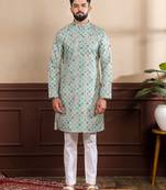Blue color cotton fabric stylish fancy partywear kurta payjama for men's