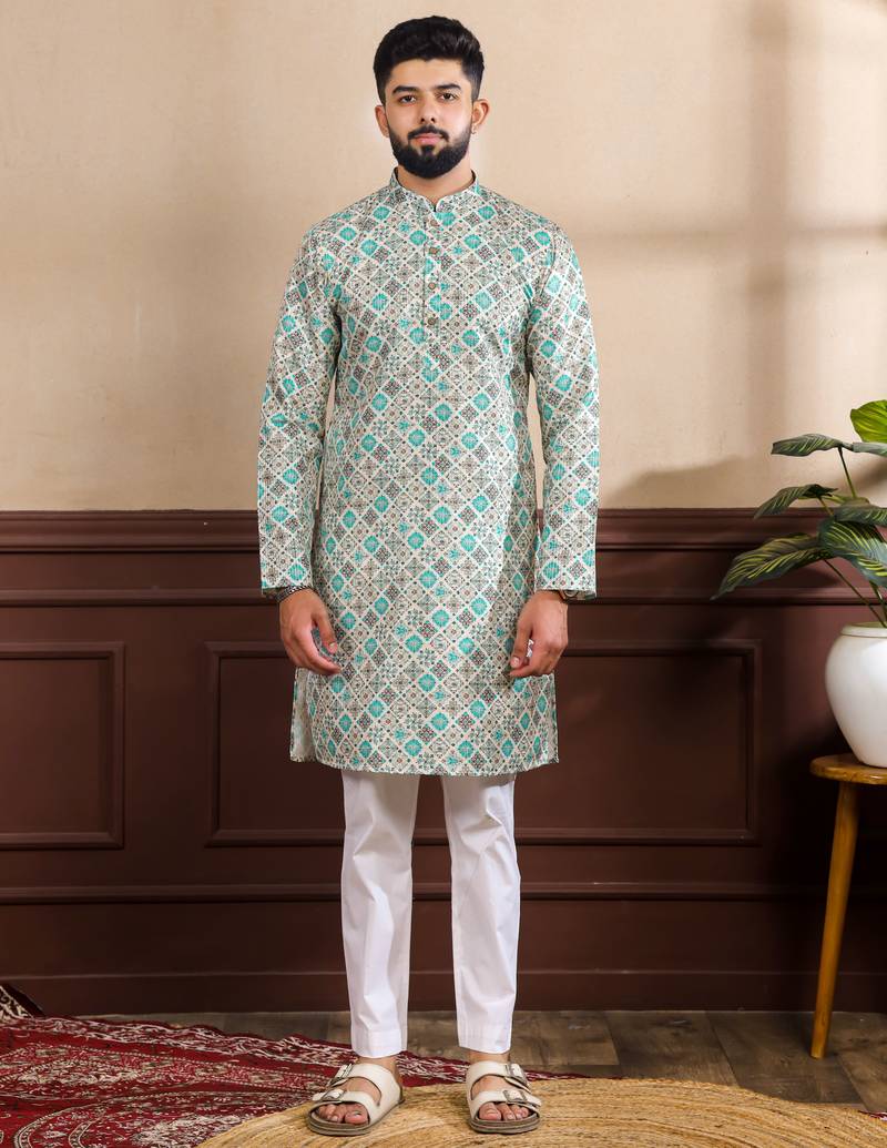 Blue color cotton fabric stylish fancy partywear kurta payjama for men's