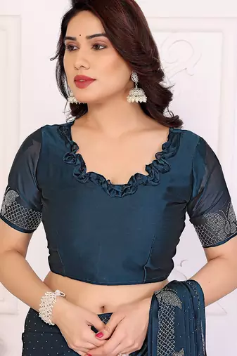 Blue pure silk woven zari work saree with blouse