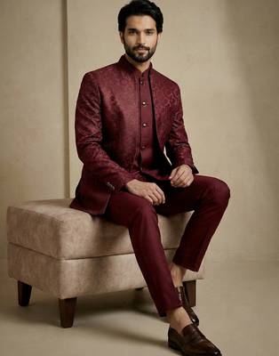 Dark maroon premium designer festive wear indo western set 3