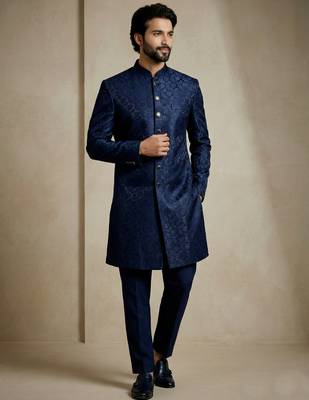 Navy blue donier jacquard premium designer festive wear indo western set 3