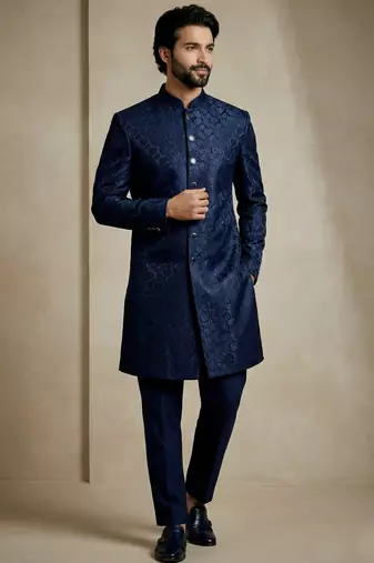 Navy blue donier jacquard premium designer festive wear indo western set