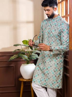 Blue color cotton fabric stylish fancy partywear kurta payjama for men's 3