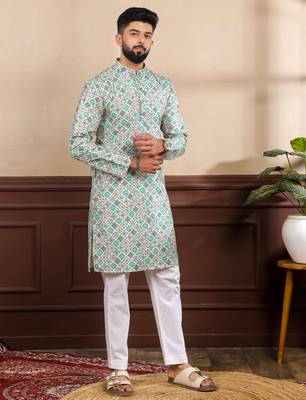 Blue color cotton fabric stylish fancy partywear kurta payjama for men's 4