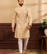 Gold color cotton fabric stylish fancy partywear kurta payjama for men's