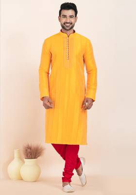 Yellow banarsi dhupion  silk-thread work premium designer festive wear kurta pyjama set 5