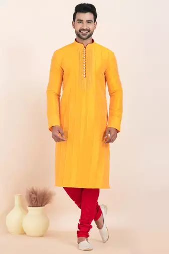 Yellow banarsi dhupion  silk-thread work premium designer festive wear kurta pyjama set