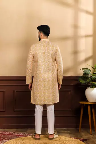 Gold color cotton fabric stylish fancy partywear kurta payjama for men's