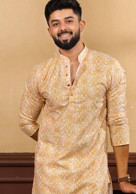Gold color cotton fabric stylish fancy partywear kurta payjama for men's 3