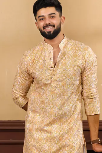 Gold color cotton fabric stylish fancy partywear kurta payjama for men's