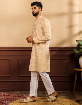 Gold color cotton fabric stylish fancy partywear kurta payjama for men's 4