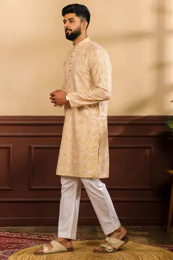 Gold color cotton fabric stylish fancy partywear kurta payjama for men's