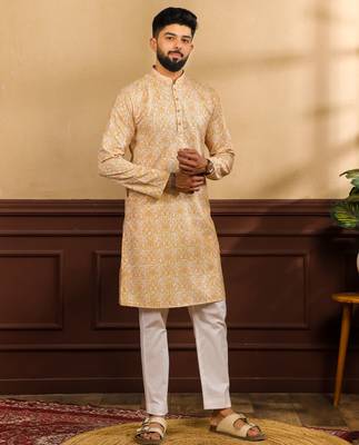 Gold color cotton fabric stylish fancy partywear kurta payjama for men's 5