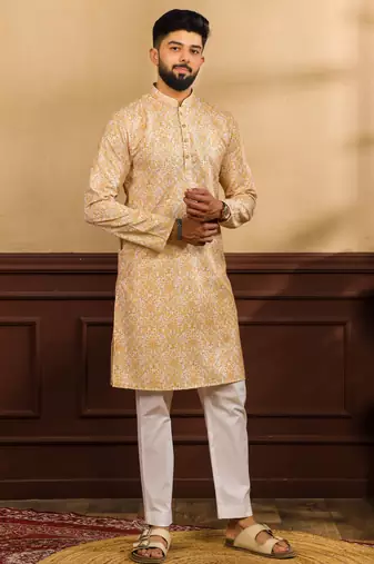 Gold color cotton fabric stylish fancy partywear kurta payjama for men's